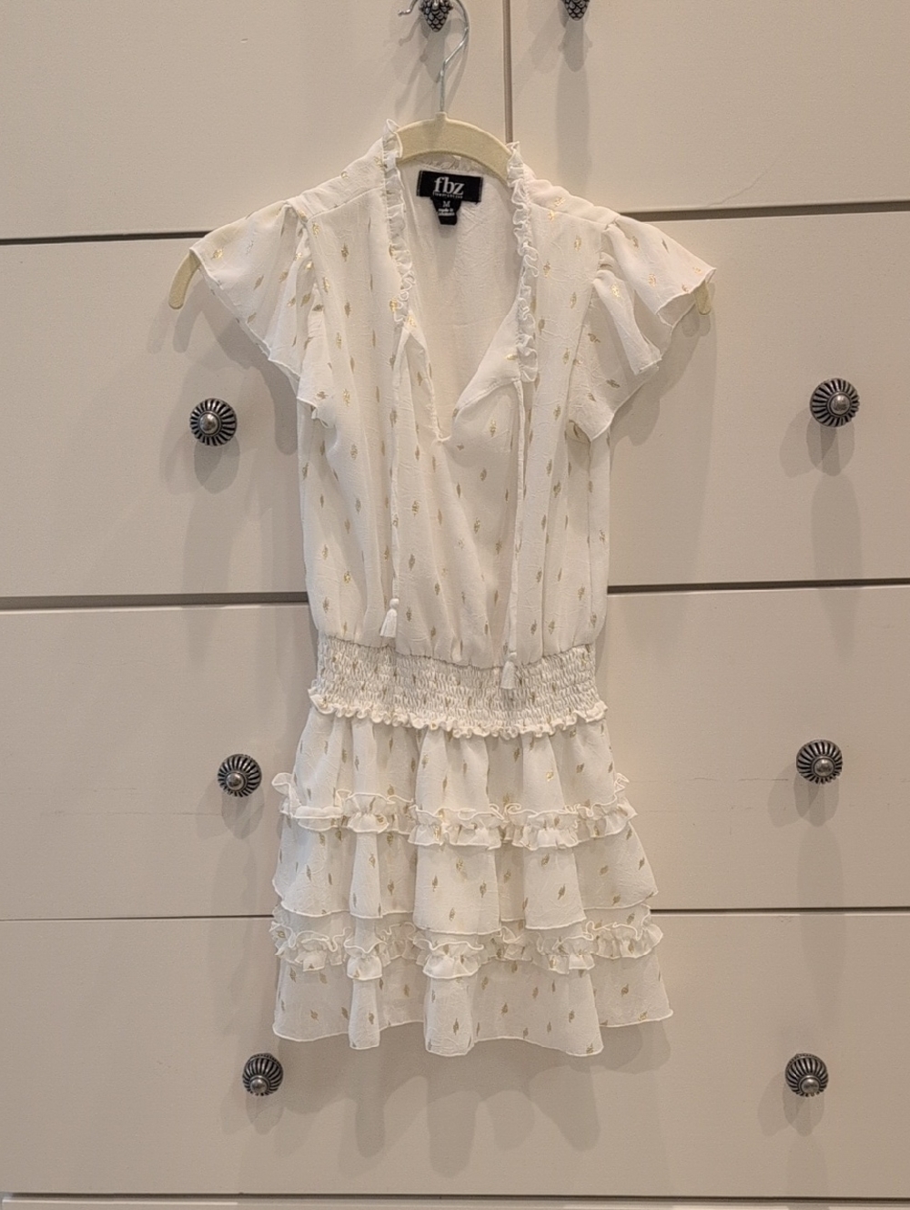 Flowers by Zoe White Dress with Gold Dot Accents